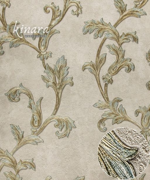 Wallpaper Bunga Ulir Gold Krem Hijau E0113