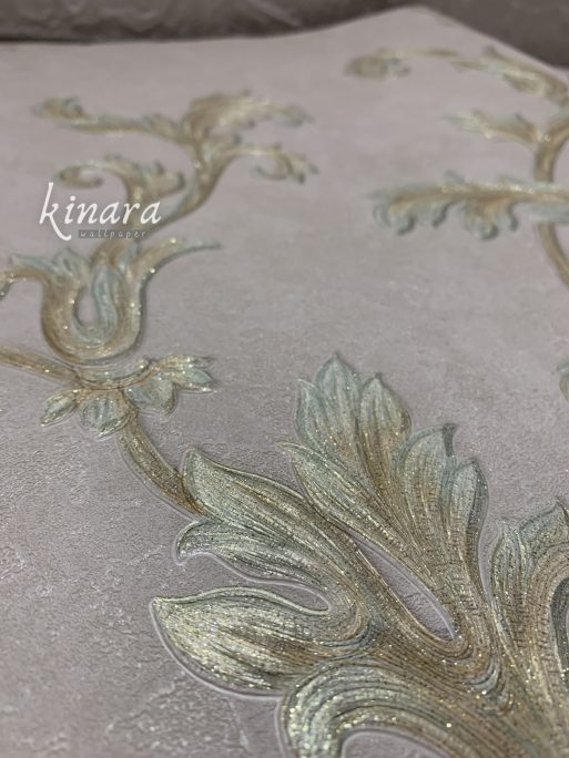Wallpaper Bunga Ulir Gold Krem Hijau E0113