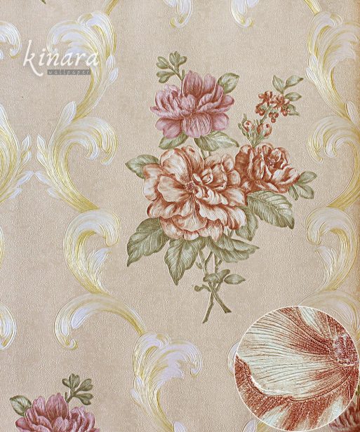 Wallpaper Bunga Shabby Pink Dasar Krem E0154