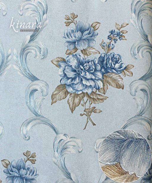 Wallpaper Bunga Shabby Biru Dasar Silver E0157