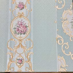 Wallpaper Garis Salur Toska Bunga Pink Klasik 901-2